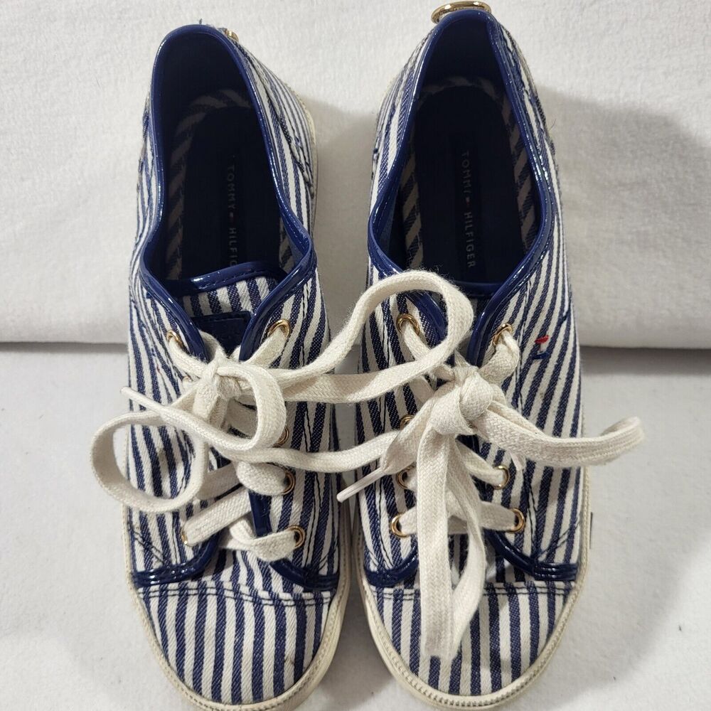 Tommy Hilfiger Navy Blue White Stripe Nautical Canvas Sneakers TWLIVID  Size 7